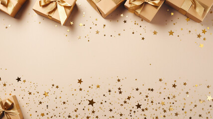 Christmas present gift boxes on a gold background