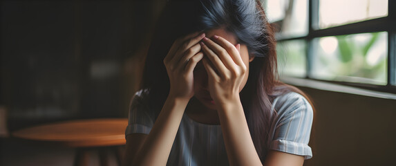 A depressed woman with dark hair, overwhelmed by emotion, sits alone in a room, holding her head. Despair and solitude.