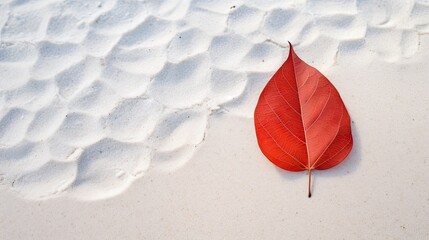 Fallen red leaf lays on white sand. Natural background