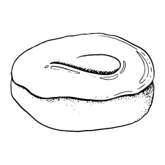 Vector simple donut with glaze hand drawn black and white graphic illustration. Side view, for bakery and cafe