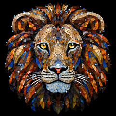 lion head mosaic style illustration on black background in cute simple cartoon style
