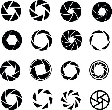 Camera shutter icons, black and white, vector illustration, 16 unique designs, perfect for photography, graphic design, web design projects. Styles vary from simple to complex, geometric shapes