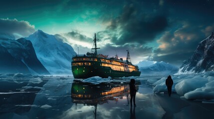 Huge cruise ship in the ice cold waters of the Northern Ocean, Northern Lights can be seen in the sky.