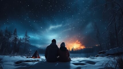 Rear view of two young people sitting comfortably in the snowy mountains and watching the sunset or sunrise.