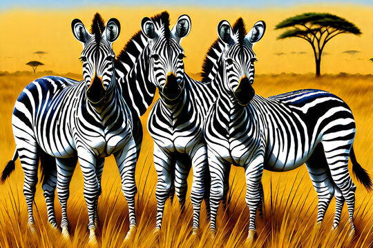 Draw three zebras grazing in the African grasslands. Generative AI