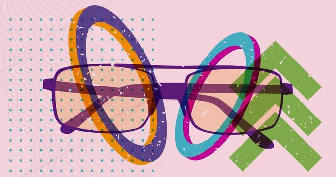 Risograph Eyeglasses with geometric shapes animation. Moving Eyewear in trendy riso graph design. Geometry elements with Sunglasses video.