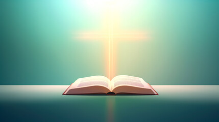 Open holy book Bible on a green background with a glowing cross.