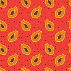 Papaya seamless pattern on colorful background. Exotic fruit vector illustration.