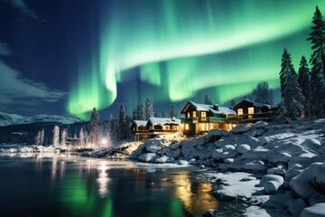 Fairytale green loops in the sky, Aurora Borealis over settlements in Norway, Northern Lights in the clear sky - obrazy, fototapety, plakaty