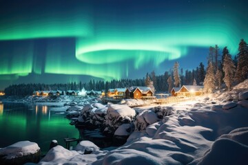 Fairytale green loops in the sky, Aurora Borealis over settlements in Norway, Northern Lights in the clear sky - obrazy, fototapety, plakaty