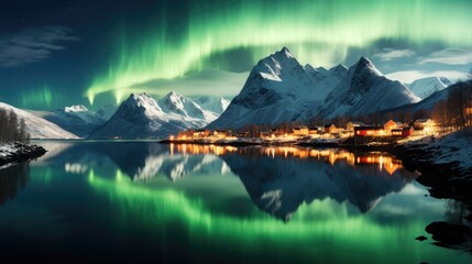 Fototapeta na wymiar Aurora Borealis over settlements in Norway, northern lights in clear sky