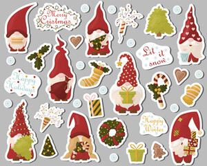 A set of Christmas gnome stickers. Vector illustration on a white background