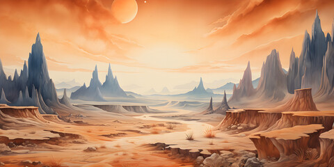 watercolour painting of the alien landscape, a picturesque natural environment
