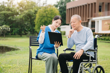 Asian careful caregiver or nurse and the happy patient in a wheelchair are walking in the garden. to help and encourage and rest your mind with green nature. Use a stethoscope to listen