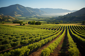 a vineyard field with hills in the distance and mountains in the background, as seen from an airplane window view