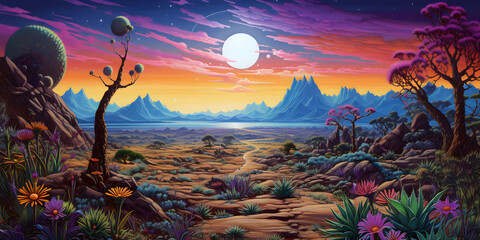 painting of the alien landscape, a picturesque natural environment in harmonious colours