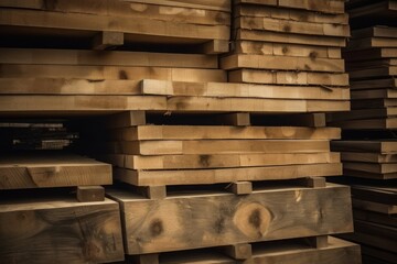 Stacks of wooden industrial boards. Storage of stacked wood oak planks. Generate ai
