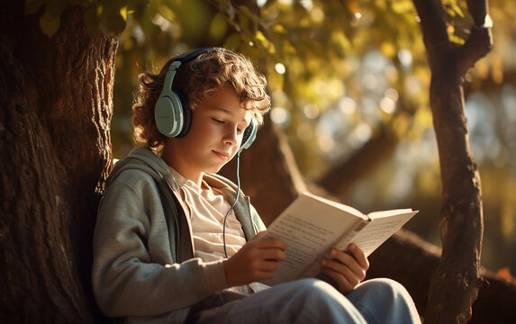 Calm teen in headphones reading book under a tree in the school yard.