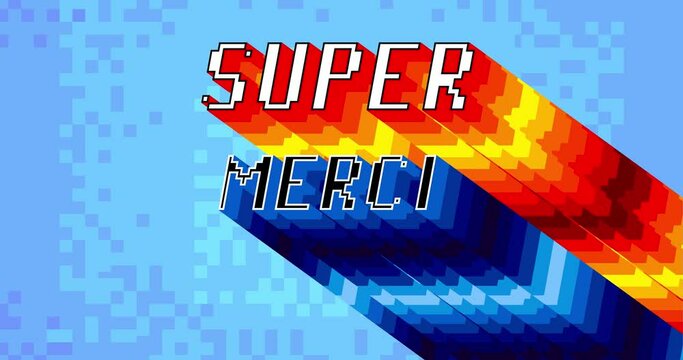 Super Merci - Thank You in French. 4k animated word with long layered multicolored shadow with the colors of a rainbow on black background.