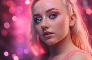 Fototapeta premium Woman model with pink glitter face makeup. Beautiful blonde lady posing on rosy illuminated background. Generate ai