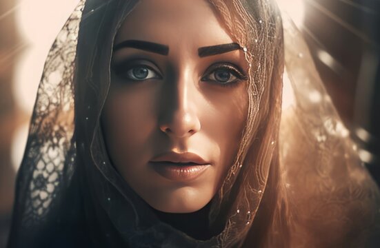 Arabic woman wearing veil portrait. Beautiful Muslim lady posing in religious traditional hijab. Generate ai