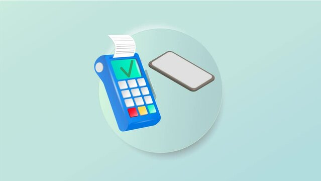 Payment terminal, a modern POS-bank payment device.
A payment device with an NFC keyboard. A credit card reader.
Animation of a contactless payment system.