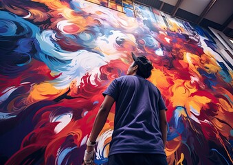 A low-angle shot of an artist working on a large mural, capturing the artist's energetic and bold