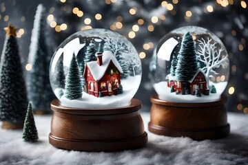 A pair of festive snow globes with scenes of winter wonderlands inside.