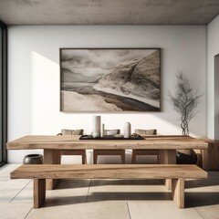 Dining table and rustic wooden bench. Interior design of modern dining room with large art poster frame - Generative AI