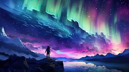girl on a cliff looks in the colorful starry sky