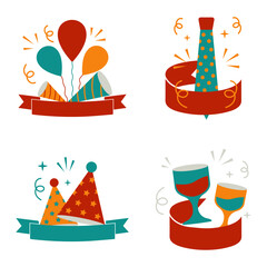 New Year Party Badge Icons Collection. Isolated On White Background. Vector Illustration.