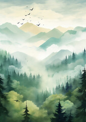 View blue tree sky hill landscape illustration nature watercolor forest background mountain - obrazy, fototapety, plakaty