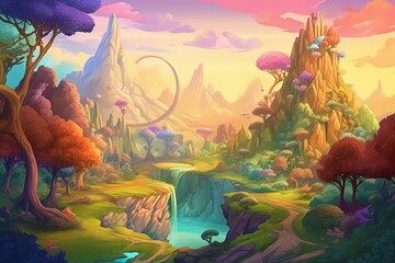 A magical fantasy landscape with vibrant scenery and enchanting elements. Generative AI