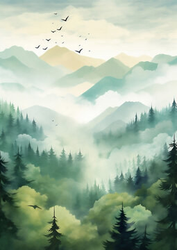 View blue tree sky hill landscape illustration nature watercolor forest background mountain