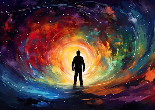 An abstract expressionistic image of an astronomer's silhouette against a colorful backdrop of