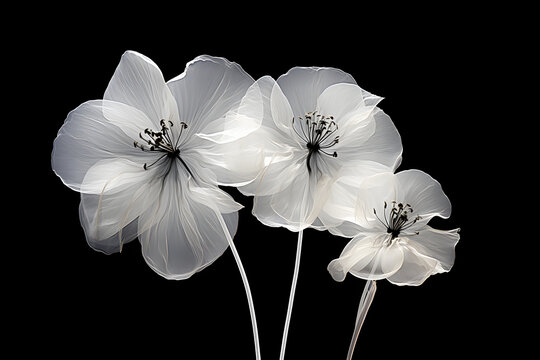 Creative picture of three white flowers in front of black background.