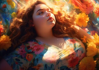 An artistic portrait of an attractive chubby girl surrounded by colorful flowers in a blooming