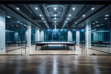 Beautiful photo of a clean and glassed conference room. A large number of glasses show the modernity of this office