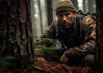 Obraz premium An award-winning photograph of a hunter crouched in a dense forest, surrounded by tall trees, with