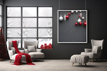 Modern winter interior with a red blanket on a chair by the window showcasing snowy trees and festive ornaments on the wall. Print frame mockup