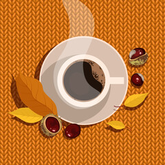 Cup of hot tasty coffee with autumn leaves and chestnuts onknitted  background. Great element for your foot design. Coffee break concept. Season drink.