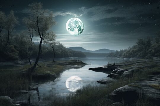 A scenic artwork featuring a mystical scene of moonlit river. Generative AI
