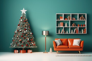 Decorated Christmas tree with presents next to a wall with a bookshelf and an orange sofa.