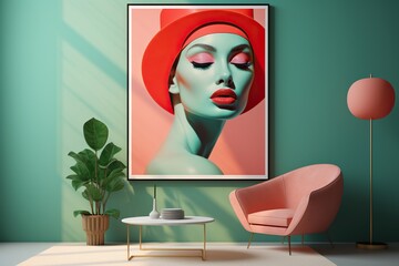A modern interior with a painting of an adult woman in a red hat, a plant, and furniture.