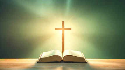 Open holy book Bible on a green background with a glowing cross.
