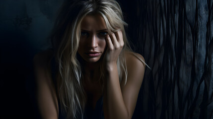 Fototapeta premium Portrait of a young blonde woman sitting on a floor, holding her head. Hopeless and depressed against a textured, cracked wall.