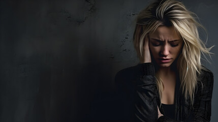 Portrait of a young blonde woman sitting on a floor, hopeless and depressed against a textured, cracked wall.