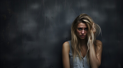 Portrait of a young blonde woman sitting on a floor,  holding her head. Hopeless and depressed against a textured, cracked wall.