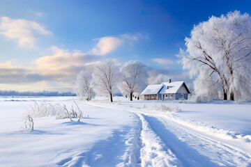 A wooden house with snow and tree. 