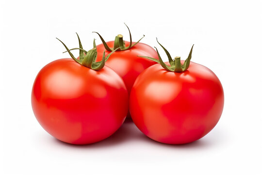Three delicious tomatoes on white background. 